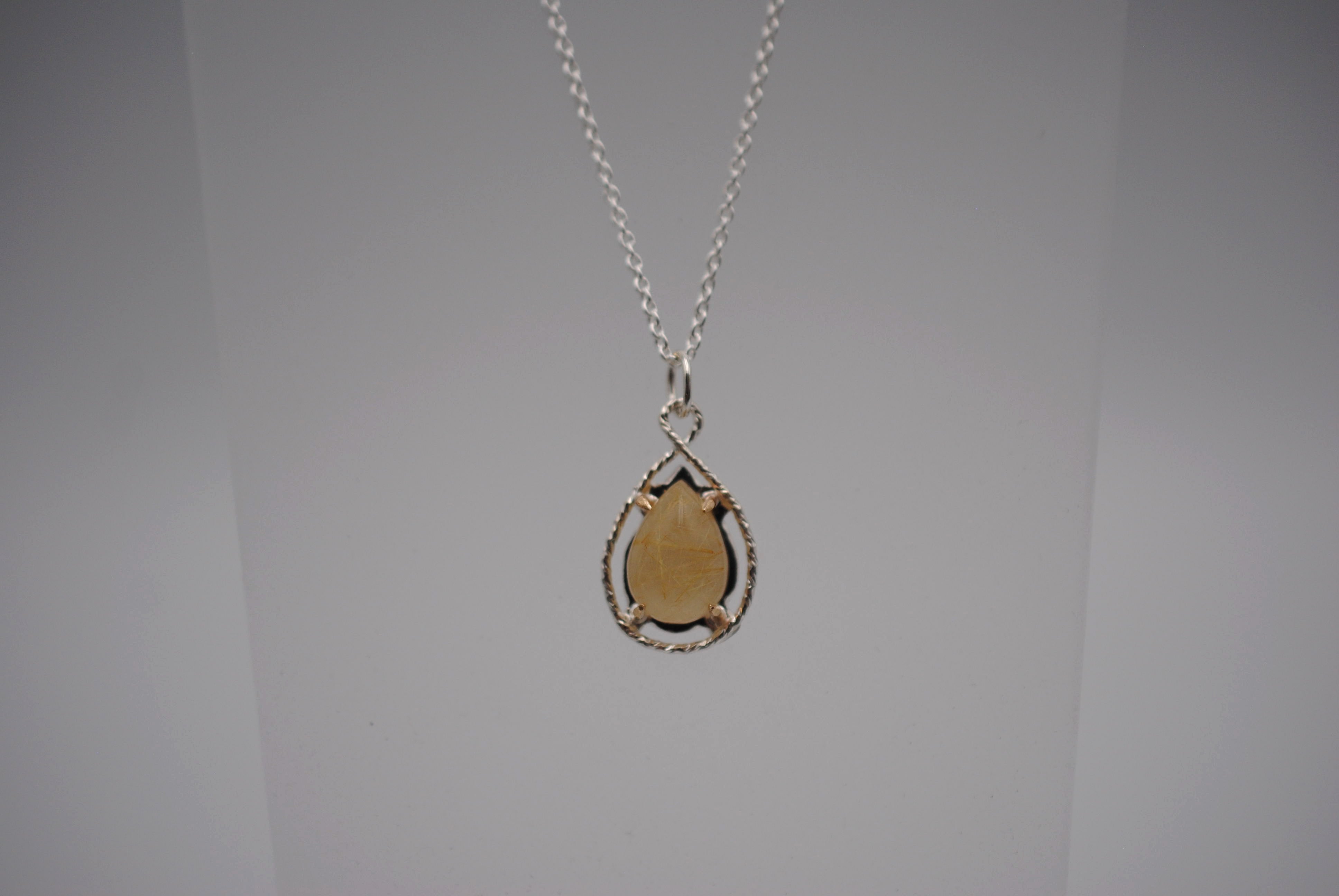 Pear Golden Rutilated Quartz with 14K Yellow Gold Prongs and Sparkle Halo Pendant Necklace on a Cable Chain