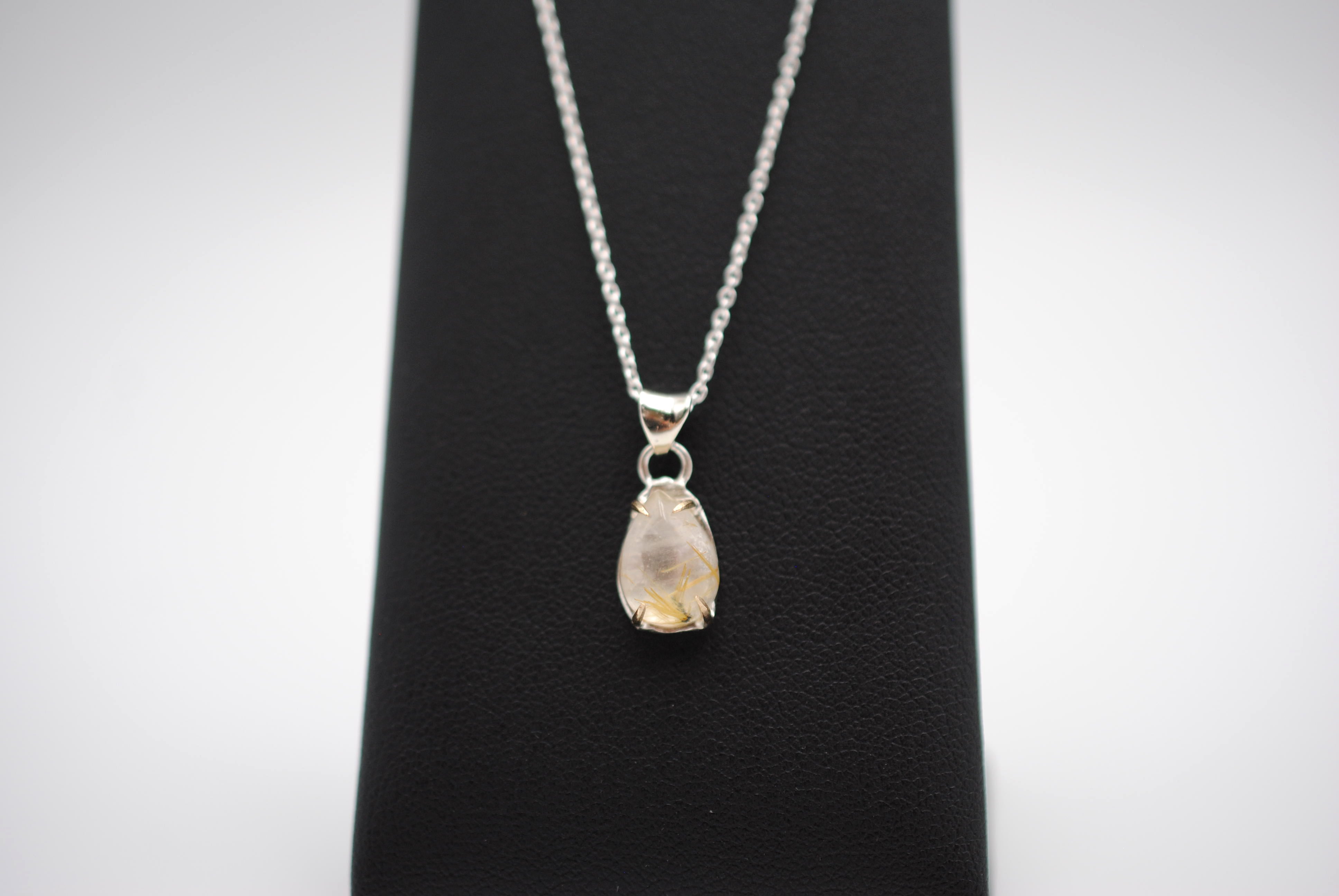 Pear Golden Rutilated Quartz with Yellow Gold Setting Pendant Necklace on a Cable Chain