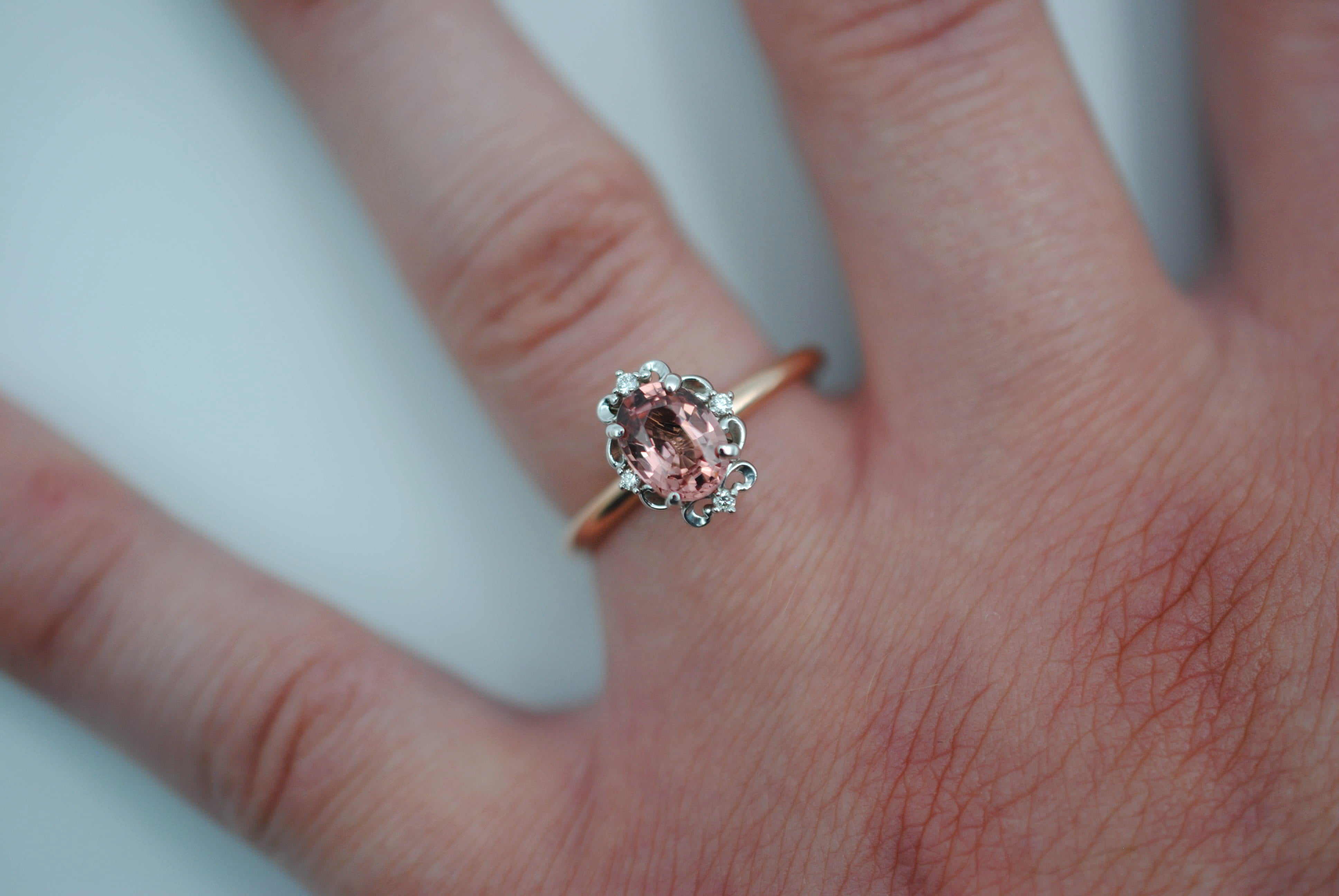 Oval Pink Malaia Garnet on Rose Gold Band with Vintage Diamond Setting Ring