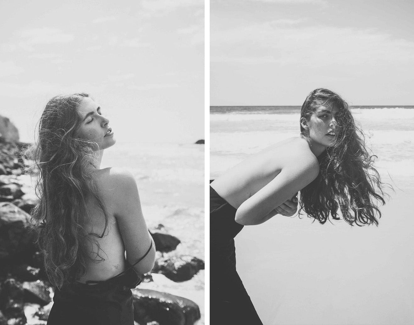 Black and white photoshoot of young women on the beach