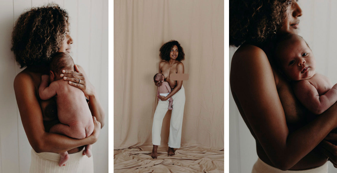 Women holding and breastfeeding newborn baby in photography studio