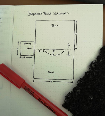 a pen and swatch sit on top of an open design journal which has a schematic of a top drawn in it.