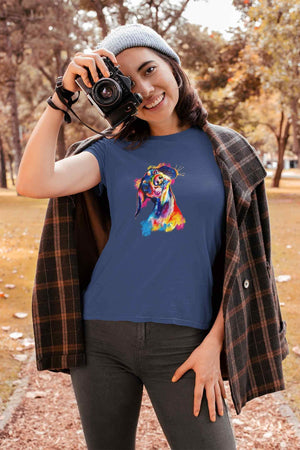 Stepevoli Clothing - Round Neck T-Shirt (Women) - Tilted Head Rainbow Dog (16 Colours)