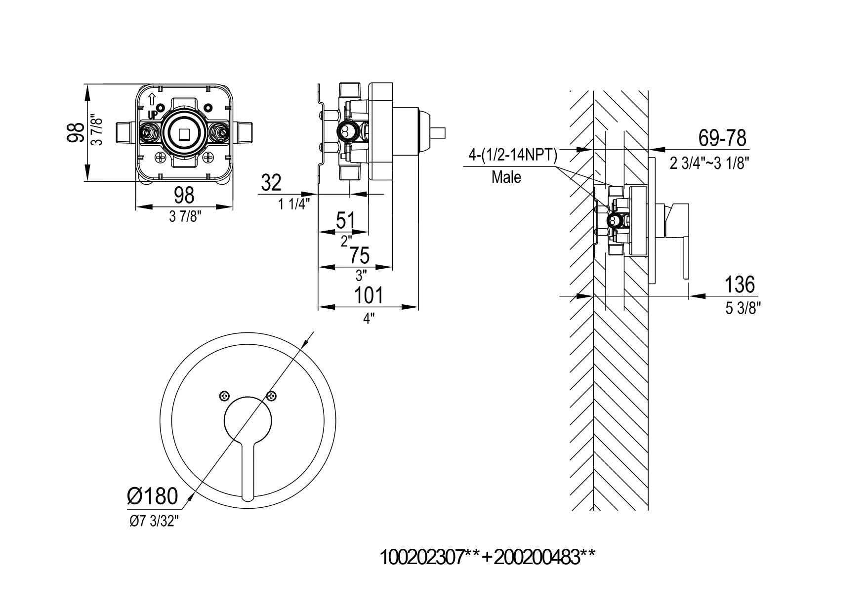 Handle Shower Valve Product Dimensions