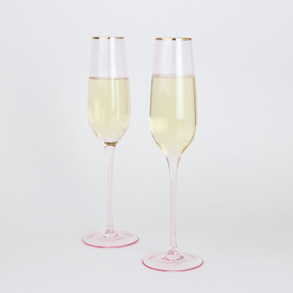 Rose Tinted Crystal White Wine Glasses with Gold Rims - Set of 2