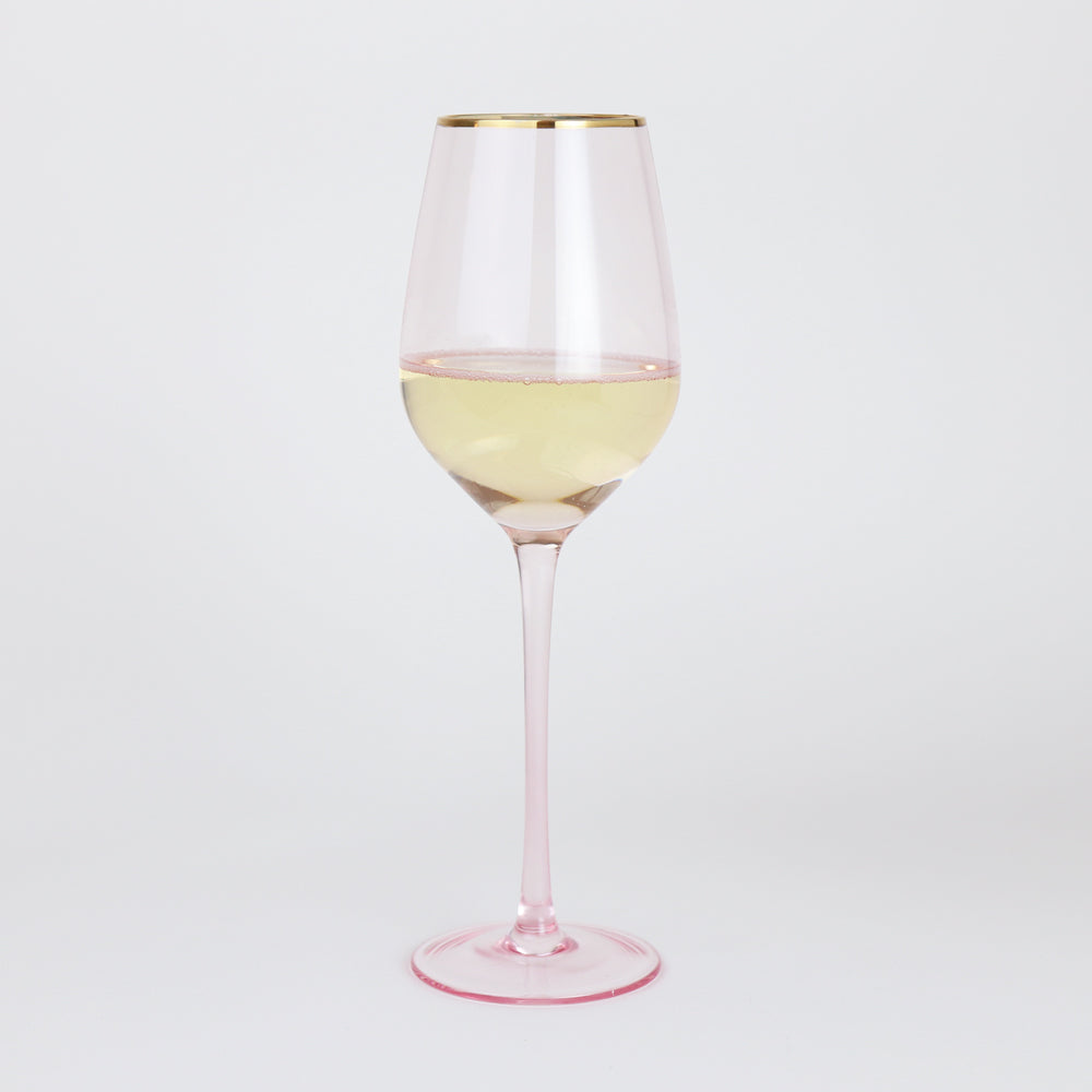 Rose Tinted Crystal White Wine Glasses with Gold Rims - 14 oz - Set of 2