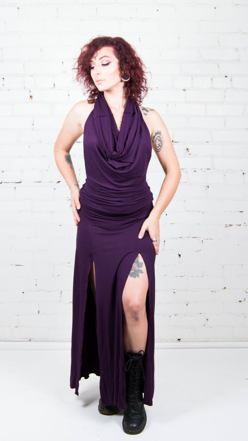 purple cowl neck dress