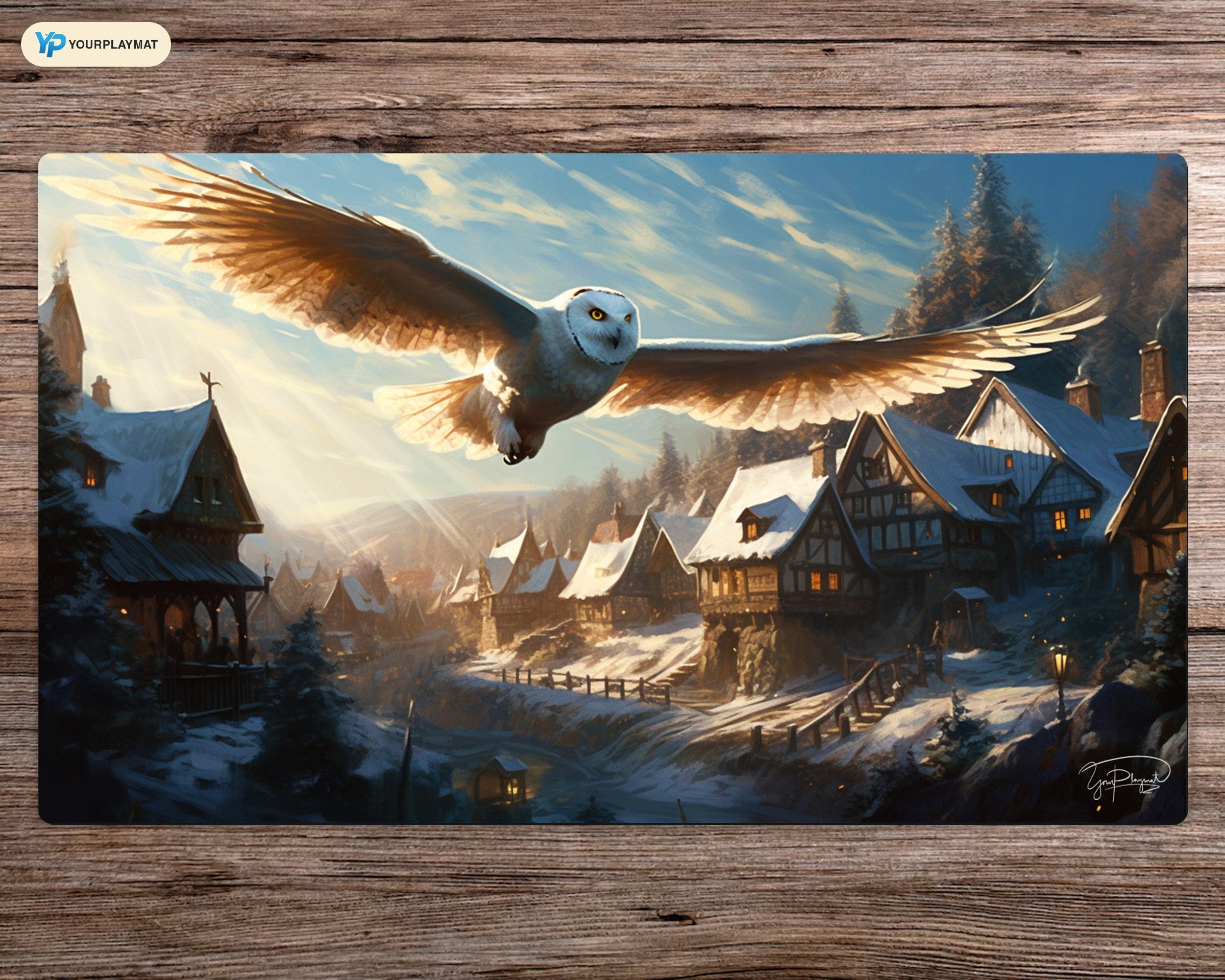 Winter Owl Playmat - MTG Spielmatte - 24 x 14 inches - MTG Geschenke - MTG Zubehör - Magie Tischmatte - Stitched Playmat