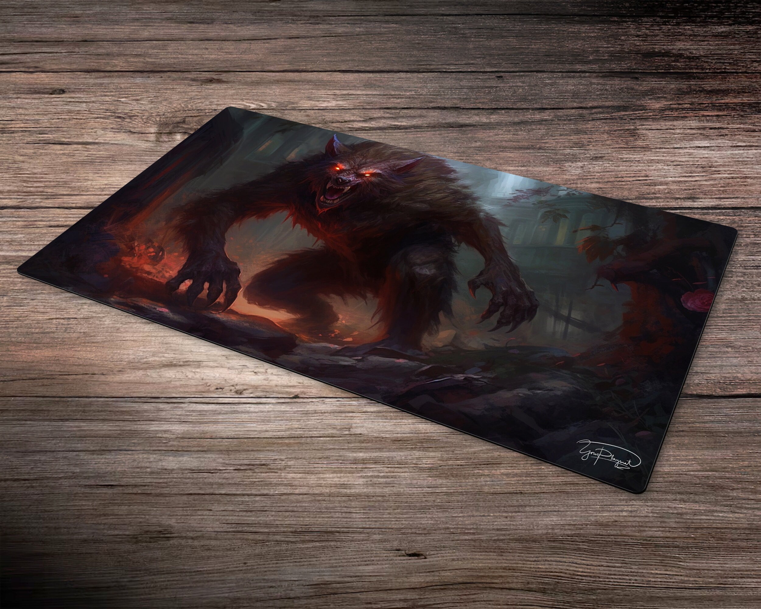 Blood Stained Werewolf  - MTG Spielmatte - 24 x 14 inches - MTG Geschenke - MTG Zubehör - Magie Tischmatte - Stitched Playmat