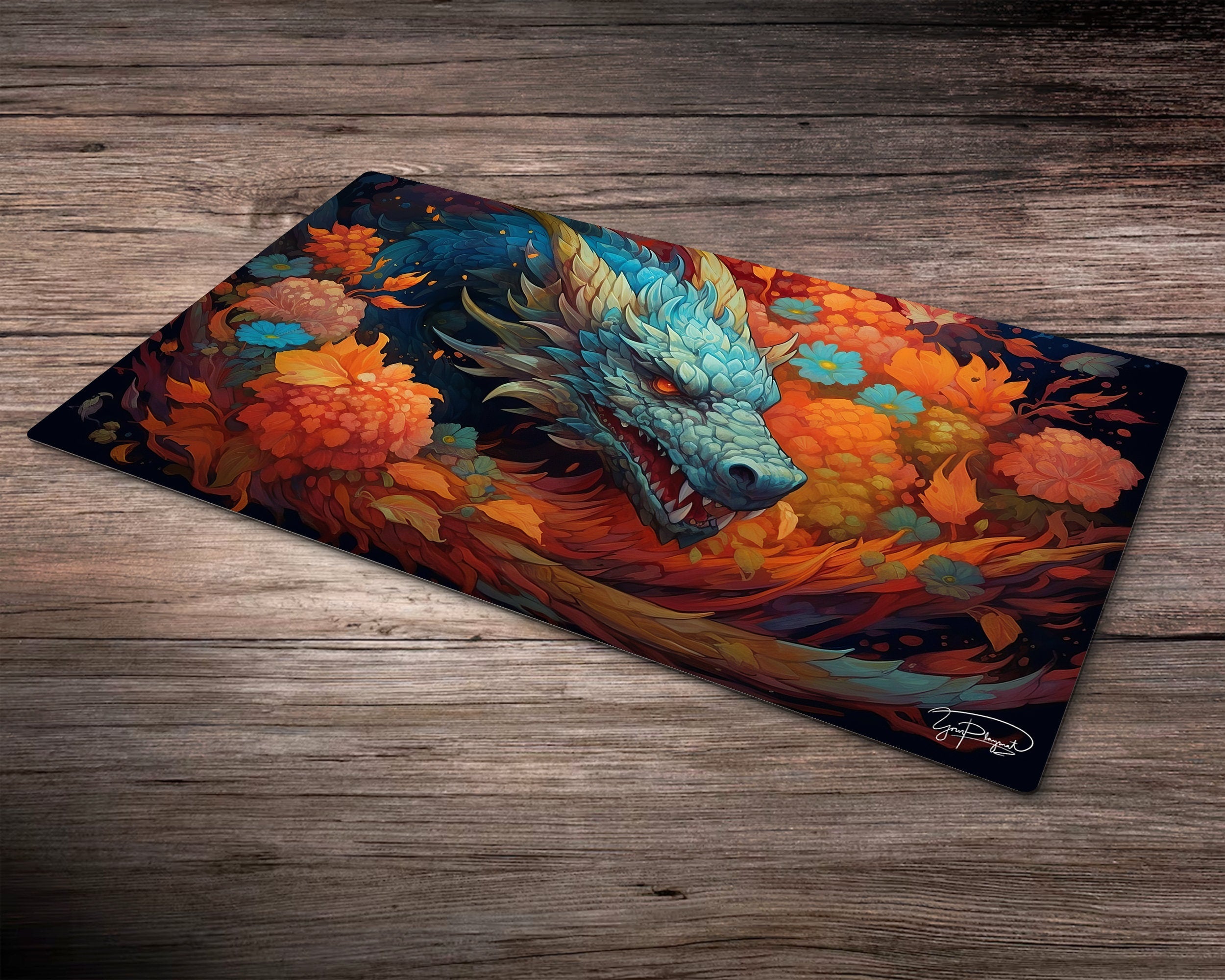 Mythical Floral Dragon  - MTG Spielmatte - 24 x 14 inches - MTG Geschenke - MTG Zubehör - Magie Tischmatte - Stitched Mat - Stitched Playmat