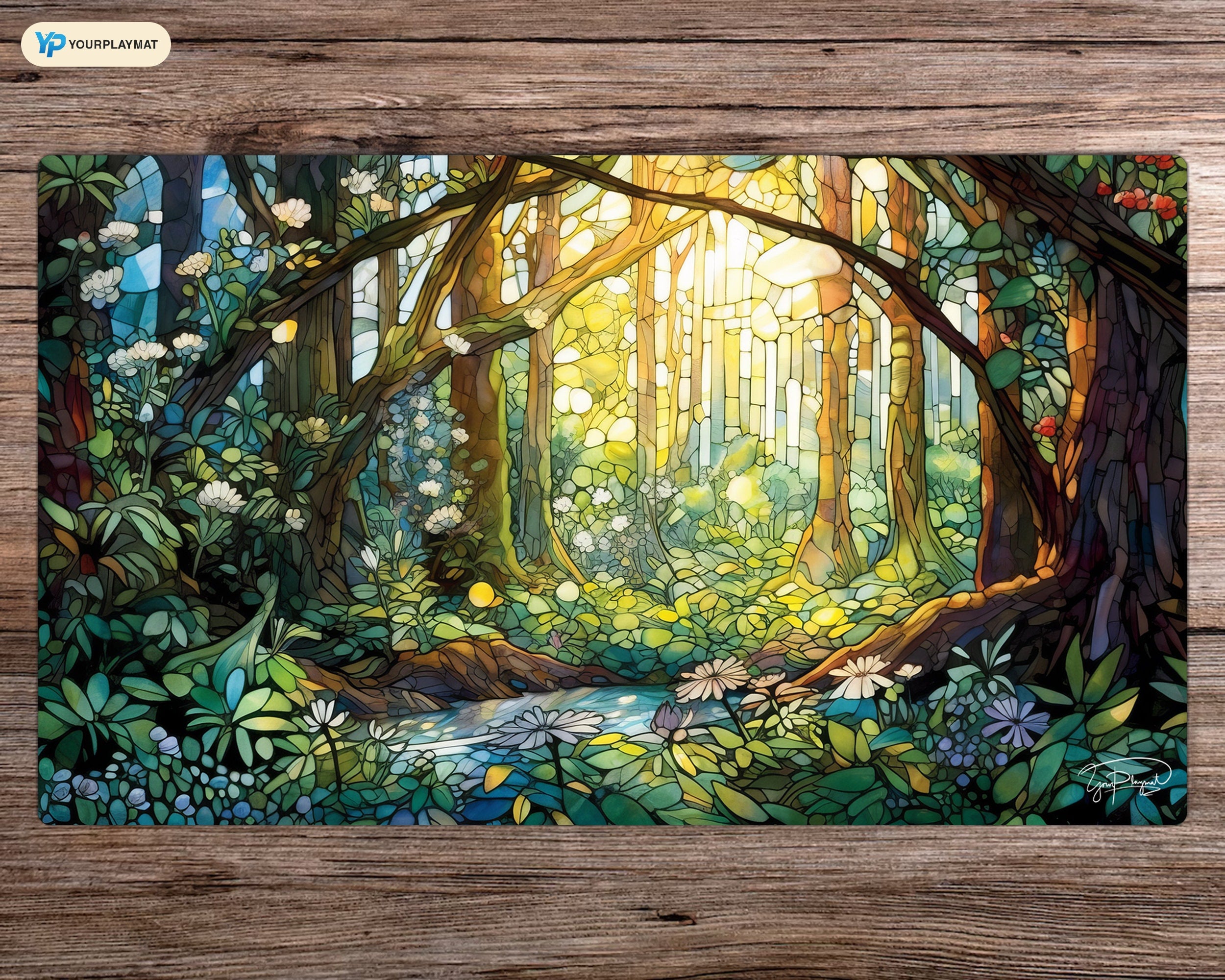 Stained Glass Lush Forest Green - MTG Spielmatte - 24 x 14 inches - MTG Geschenke - MTG Zubehör - Magie Tischmatte - Stitched Playmat