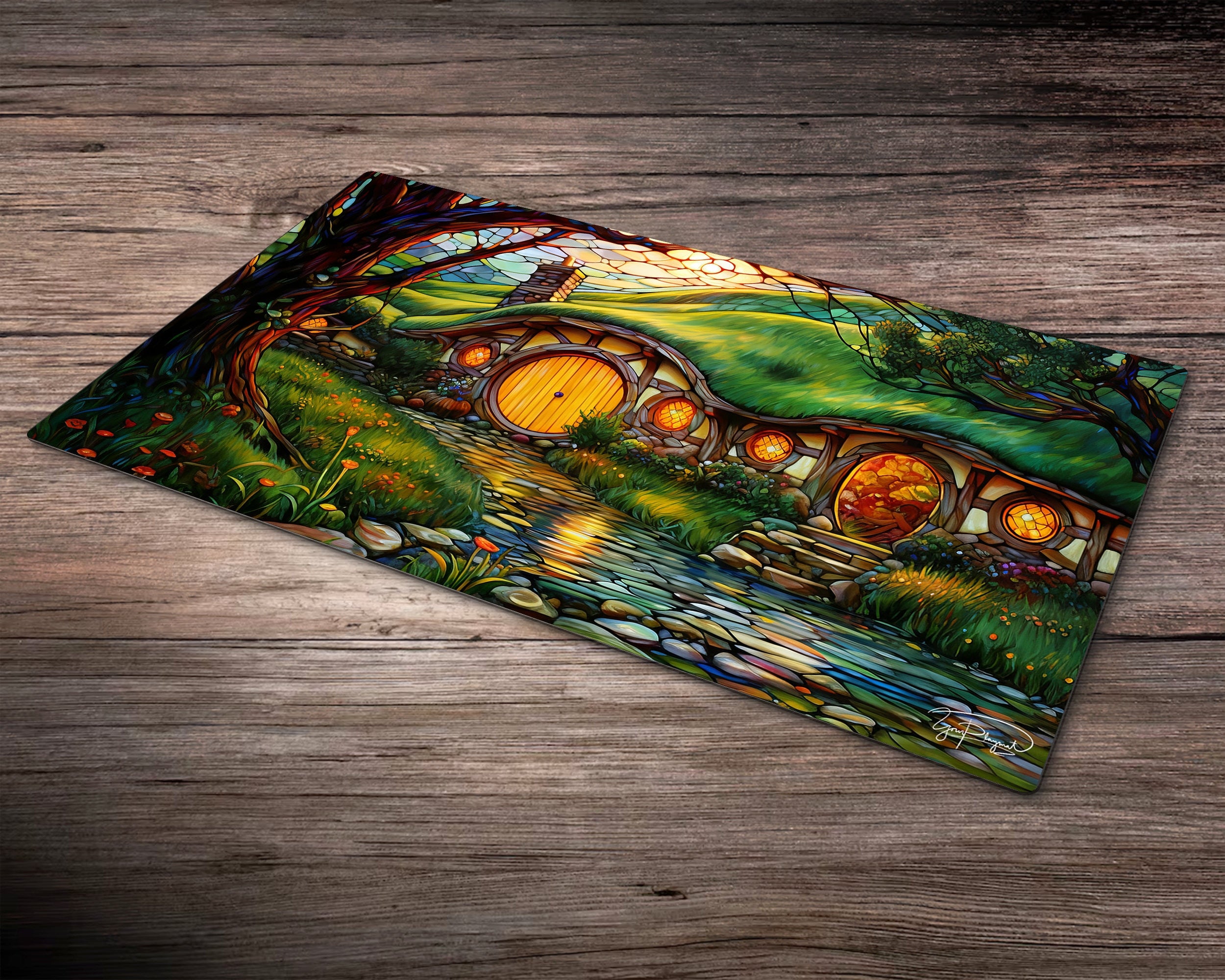 The Shire Stained Glass - MTG Playmat - 24 x 14 inches - MTG Gifts - Magic The Gathering Gifts - Stitched Playmat