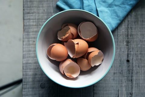 Blue and white bowl with brown eggshells inside