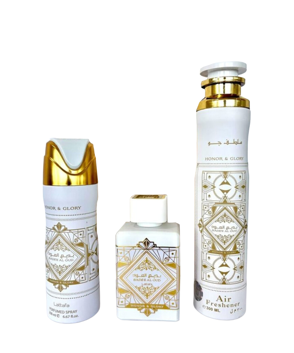 Lattafa Bade'e Al Oud Honor & Glory Eau de Parfum 3.4oz + Perfumed Spray 6.7oz + Air Freshener 10.1oz Gift Set For Men