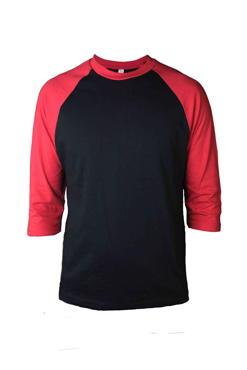 red and black raglan shirt