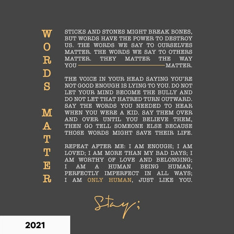 grey background with a large letter of hope to those struggling and "words matter" in yellow