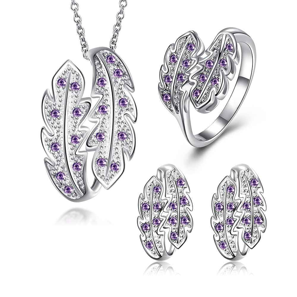 Luxurio silver jewelry set leaf crystal necklace ring earrings Sets diy 18