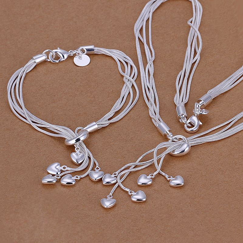 silver plated Jewelry Set Charm TaiJi 5 Heart Pendant Silver Necklace Bracelet SMTS  9