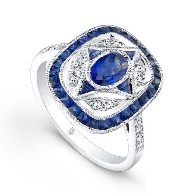 Blue Sapphire & Diamond Art Deco Ring - Markbridge Jewellers