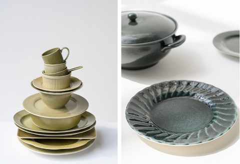 Green and blue recycled tableware