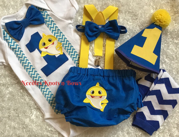 Boys Baby Shark Birthday Outfit, Cake Smash Outfit – Needles Knots n Bows