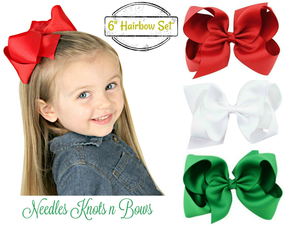 Christmas Hair Bow Set, Red, Green and White 6” Hair Bows, Girls Acces –  Needles Knots n Bows