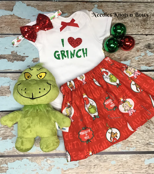 Girls Grinch Christmas Outfit, Grinch Skirt – Needles Knots n Bows