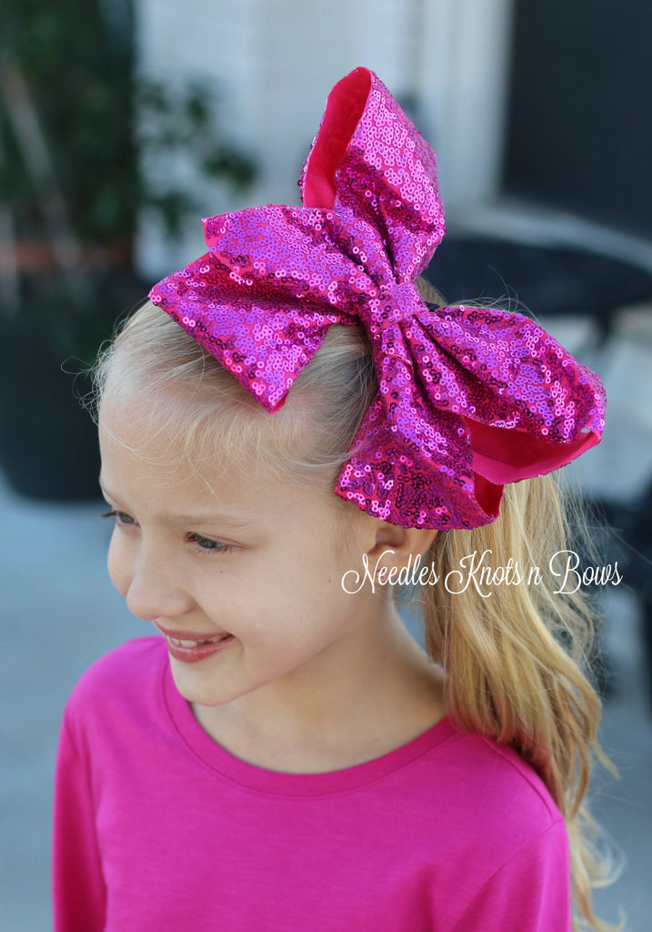 Large Hot Pink Sequin Hair Bow, Girls 8