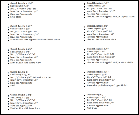 Specifications for 10 Piece Skeleton Key Set