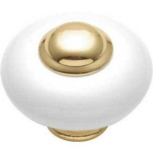 Keeler White & Polished Brass Round 1 1/4 Porcelain Cabinet Knob F69