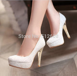 2015 Glittering Fashion sexy party high heel summer women Pumps Wedding shoes lady Pump spool heels black white gold plus size