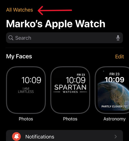 Tap “All Watches” (top left corner of screen). 