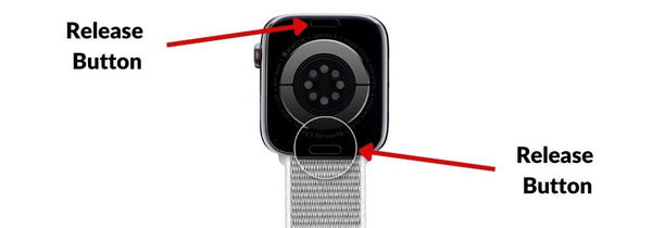 Apple Watch Release Buttons stuck with red arrow pointing to each release button on back of an Apple Watch