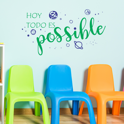 A vinyl wall decal for schools that reads "Hoy Todo Es Possible" in Spanish. This phrase means "Today, everything is possible" and is a message of inspiration and hope for students. It reminds them that they can achieve anything they set their minds to, no matter what obstacles they may face.  This decal would be a great addition to any school classroom or hallway, and it would be a constant reminder to spanish speaking students that they are capable of great things.