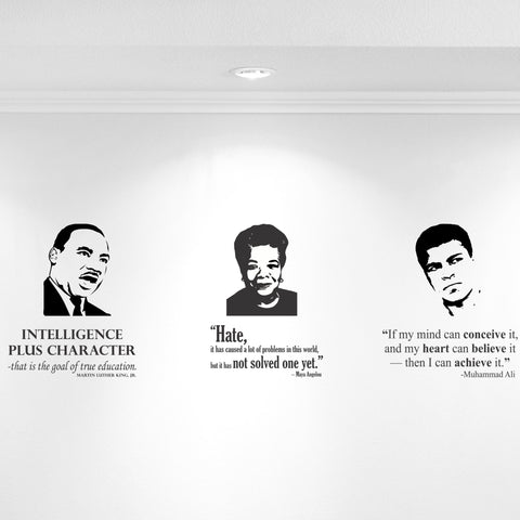 A collection of three wall decals applied to a plain white wall in black for Black History Month (Feb) in schools. This particular set shows Martin Luther King, Jr., Maya Angelou and Muhammad Ali.