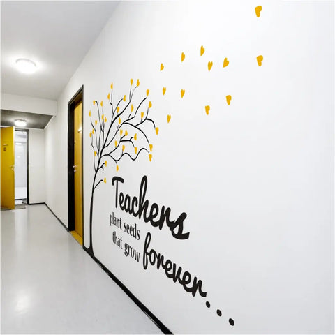 Teachers plant seeds that grow forever. Large school hallway tree with flowing heart leaves to decorate the walls of your school. Select colors to match your school colors or mascot. Easy to apply to walls great for teacher's lounge or school hallways or as a gift for teacher appreciation week.