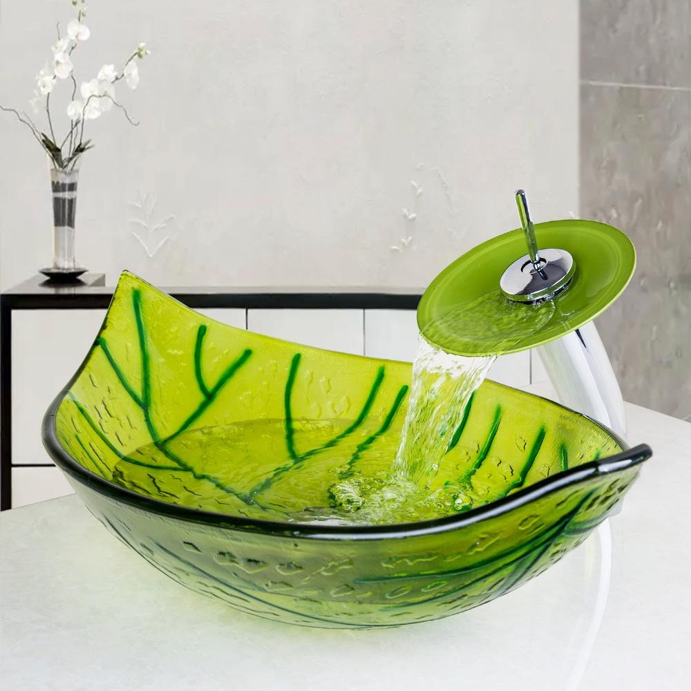 Buy Green Leaf Color Washbasin Tempered Glass Vessel Sink Set Brass Bathroom Sink Set W Waterfall Faucet Bathroom Faucets 344 98 Icon2