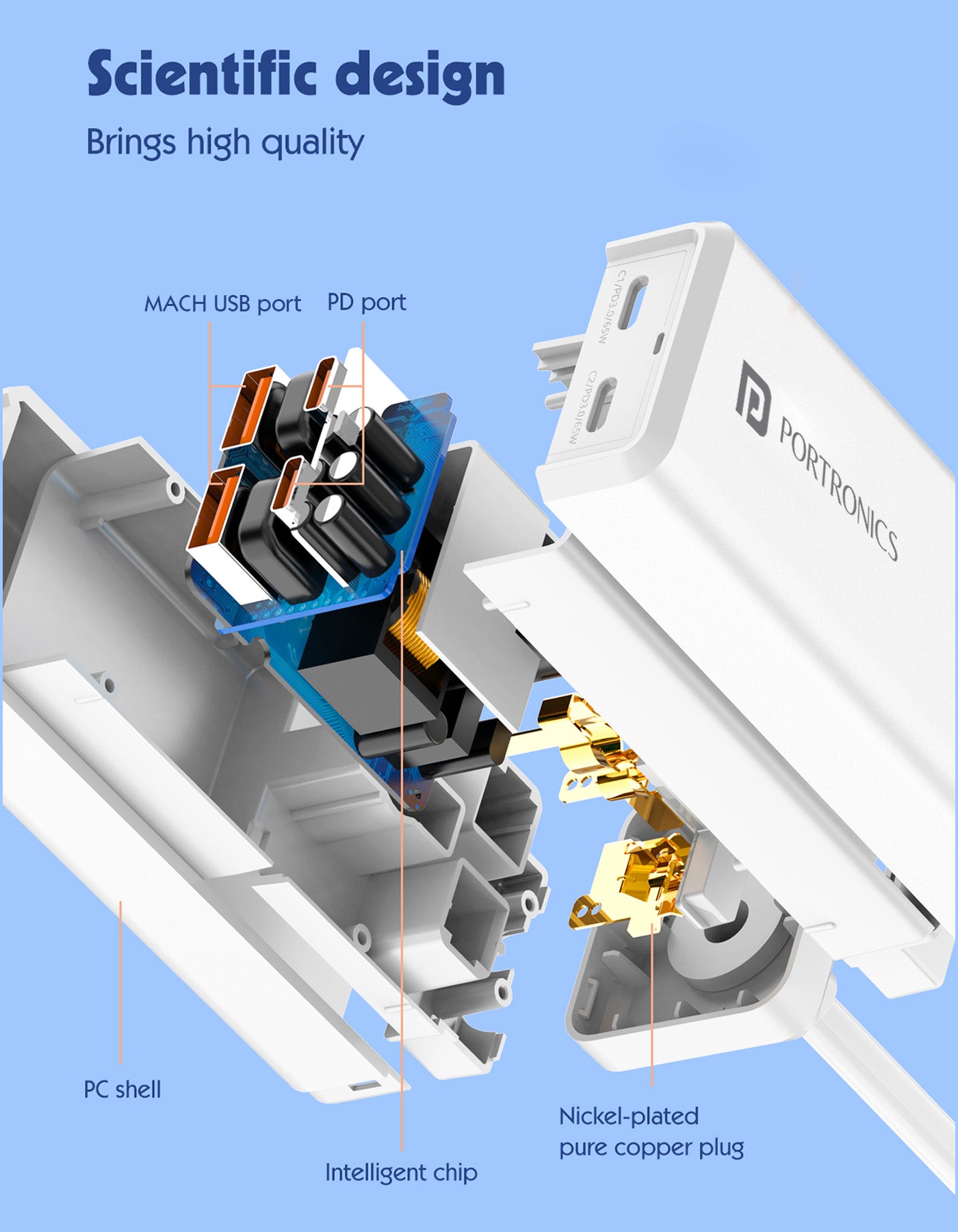 5 in 1Portronics Adapto volt 65 65w high quality power extension with ac socket, usb port and mach usb port