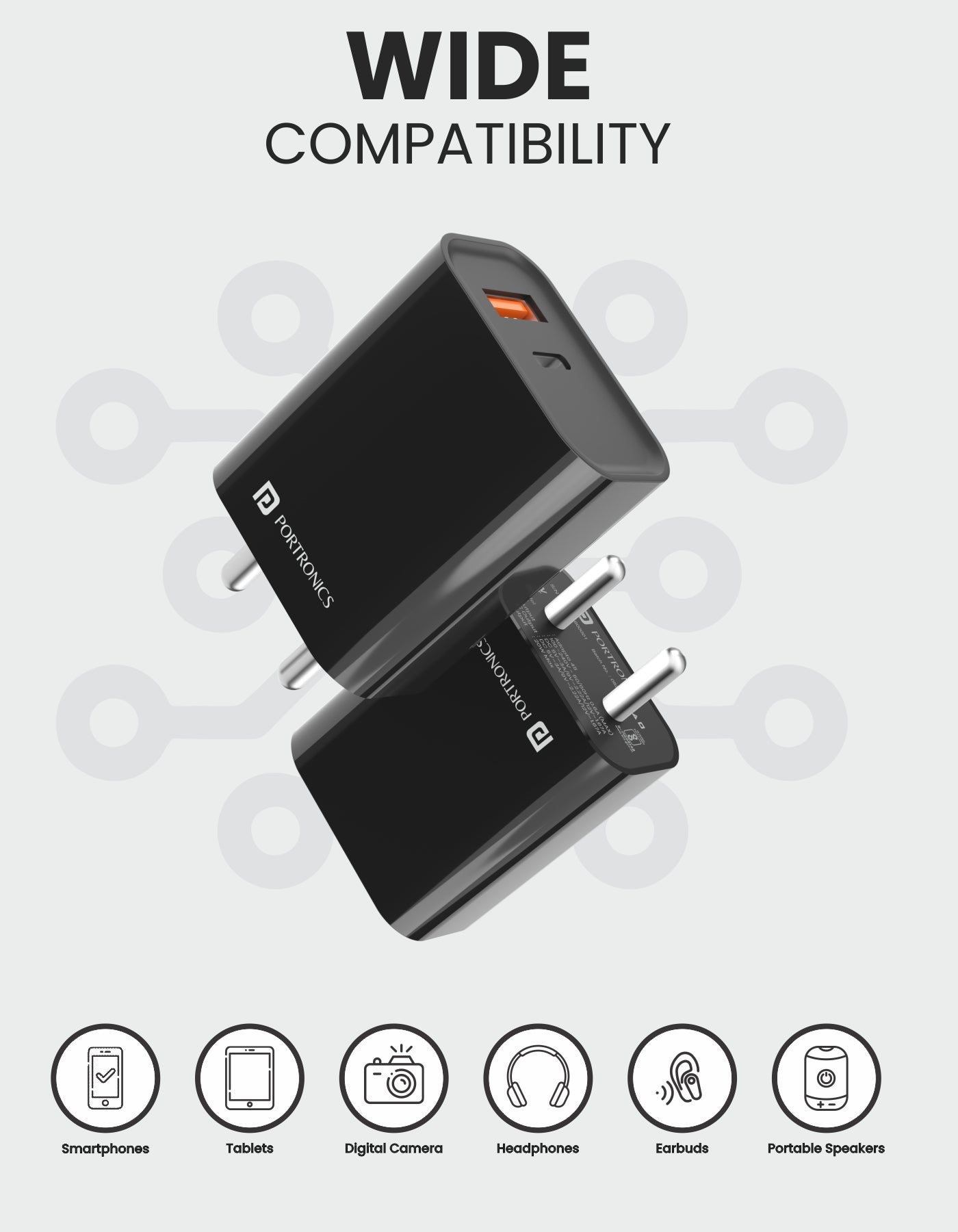 Portronics Adapto 45 20 W Fast Charger, USB A-type & C-type ports  wide compatibility