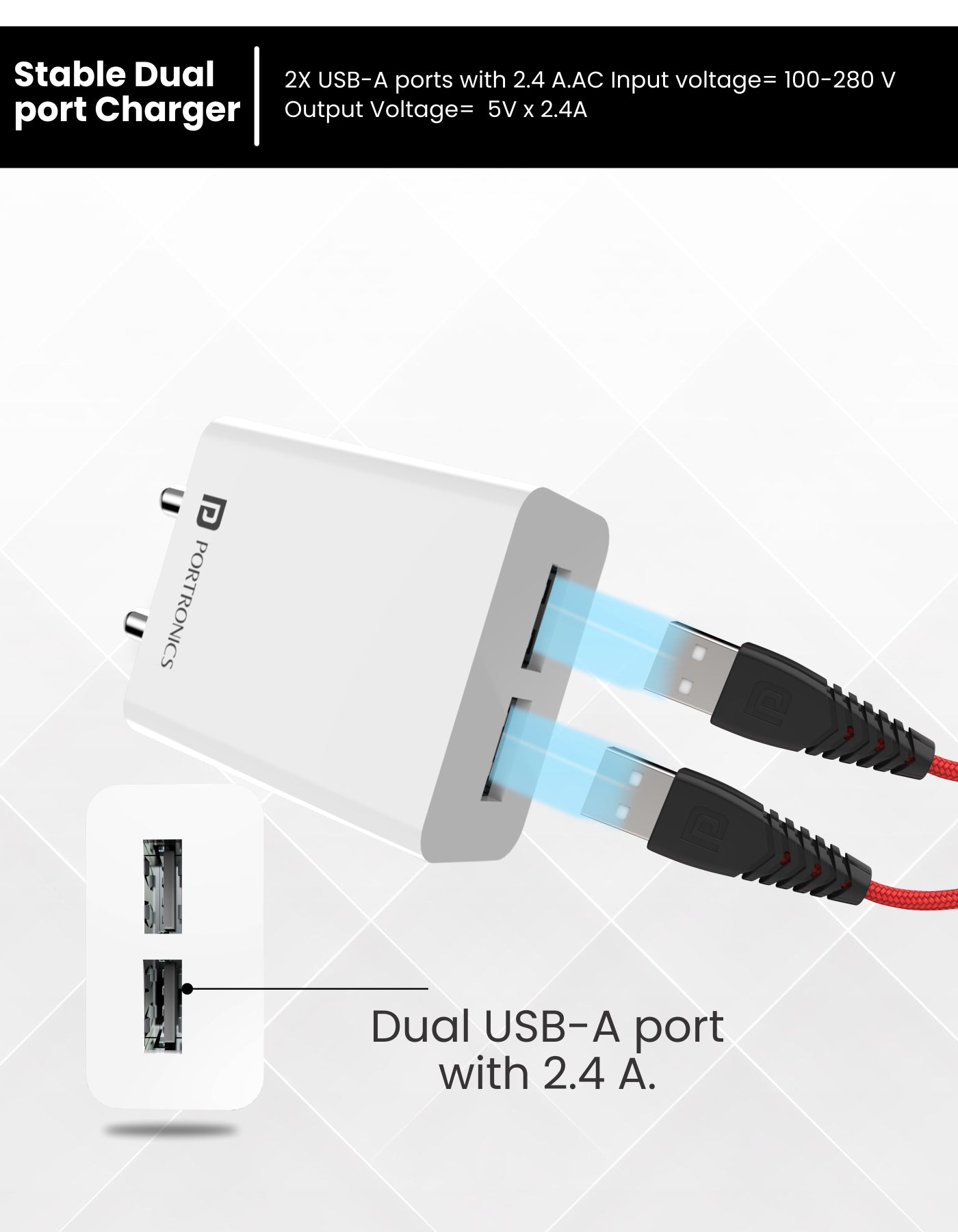 Portronics Adapto 32 C 12W Dual Port  Wall Portable Charger.