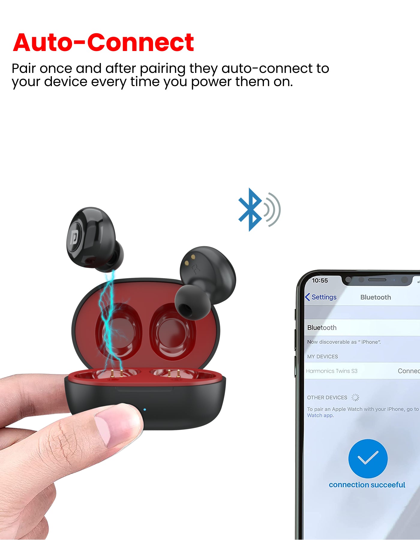 Fast auto connect feature in Portronics Harmonics Twins S3 earbuds