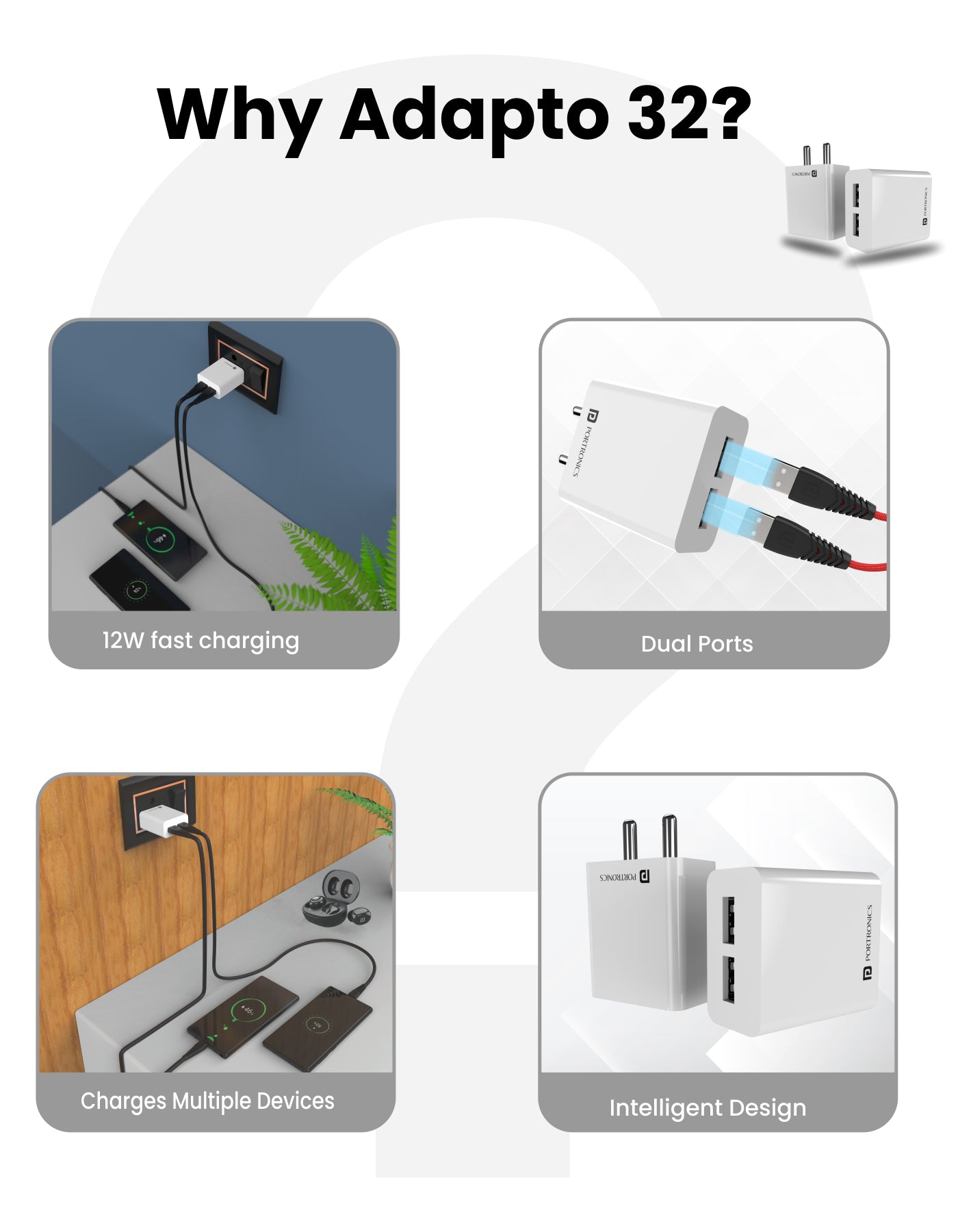 Portronics Adapto 32 12 Watts Dual Port  Wall Charger