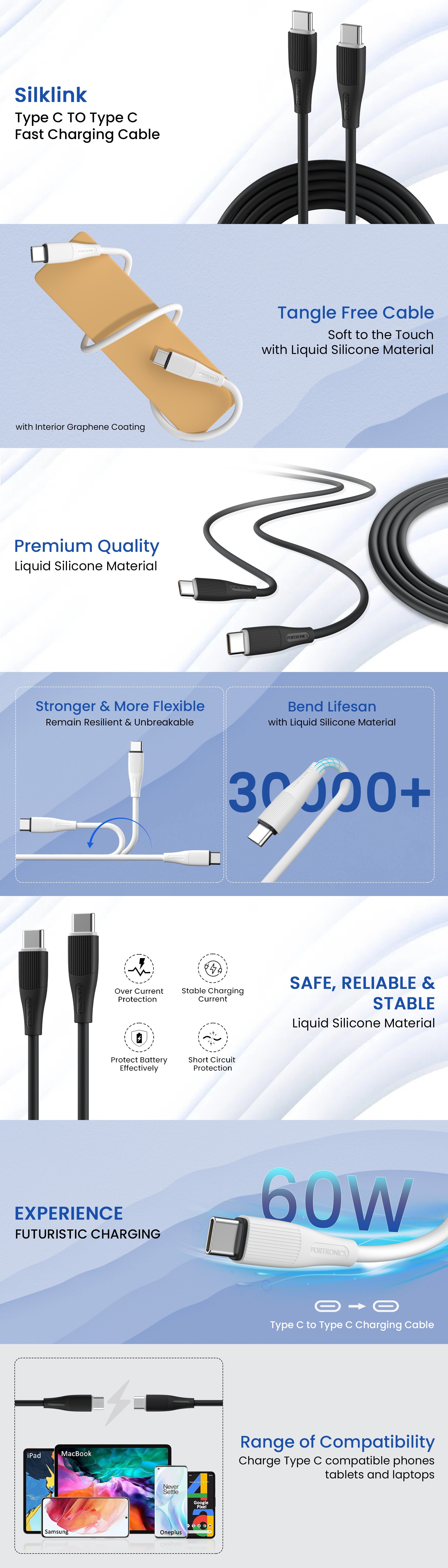 Portronics Silklink 60W PD Type-C to Type C Fast charging Cable for Type C Smartphone and  Devices,Premium Silicon Cable, 1M (White)