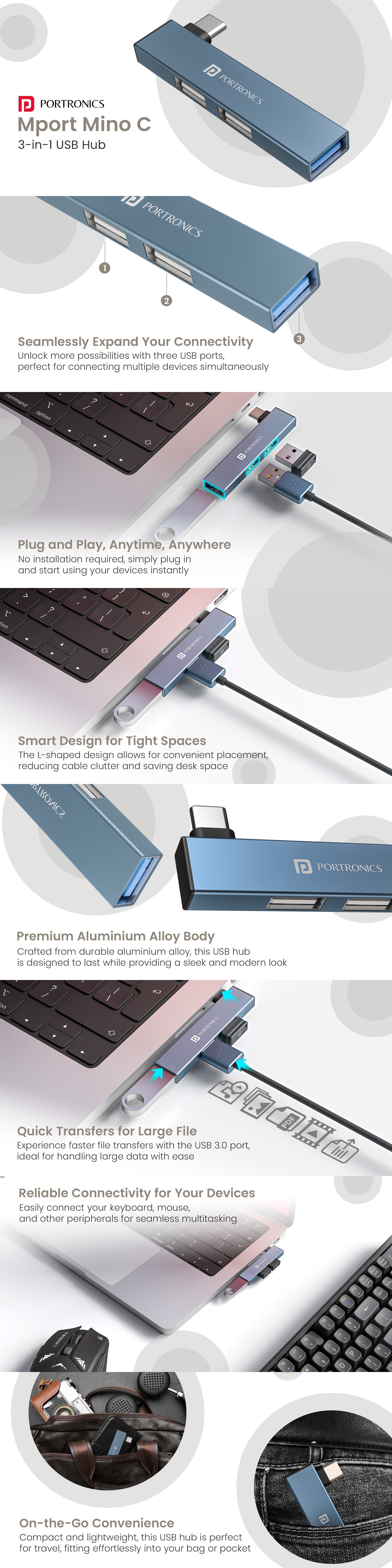 Portronics Mport Mino C triple USB Hub port with durable metal build| type c usb hub| usb hub for smart devices