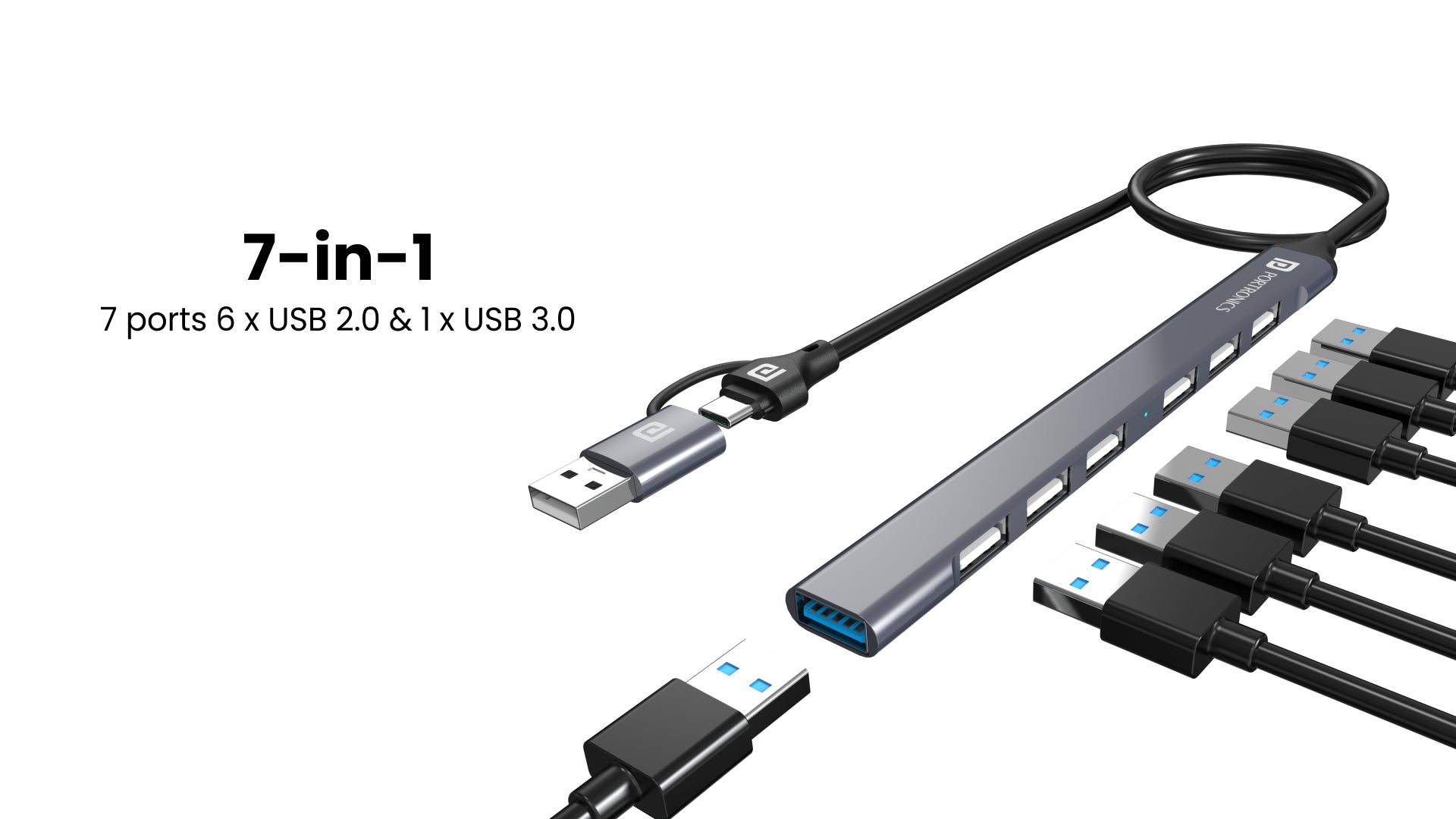 Potronics Mport 7 Type C USB port hub with 7 USB ports for PC or Laptop