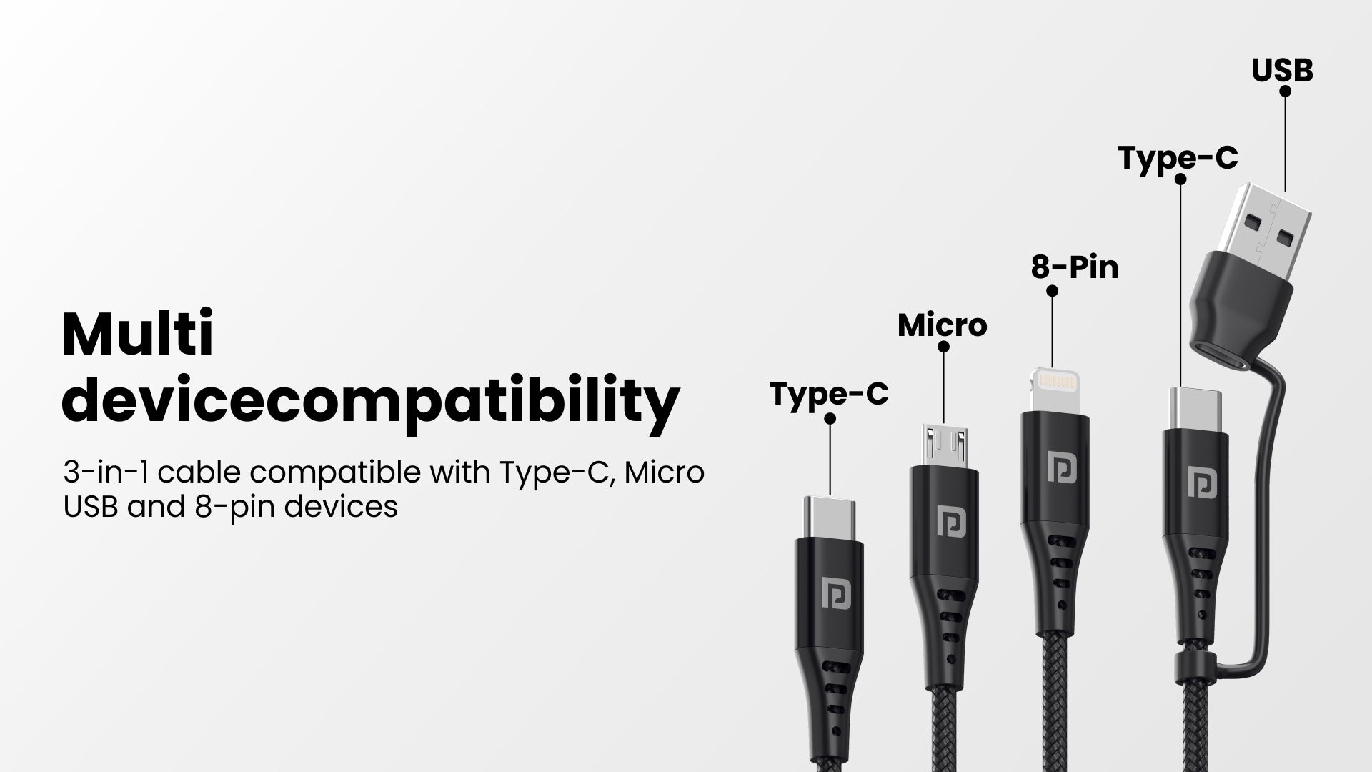 3-in-1 cable compatible with Type-C, Micro USB and 8-pin devices