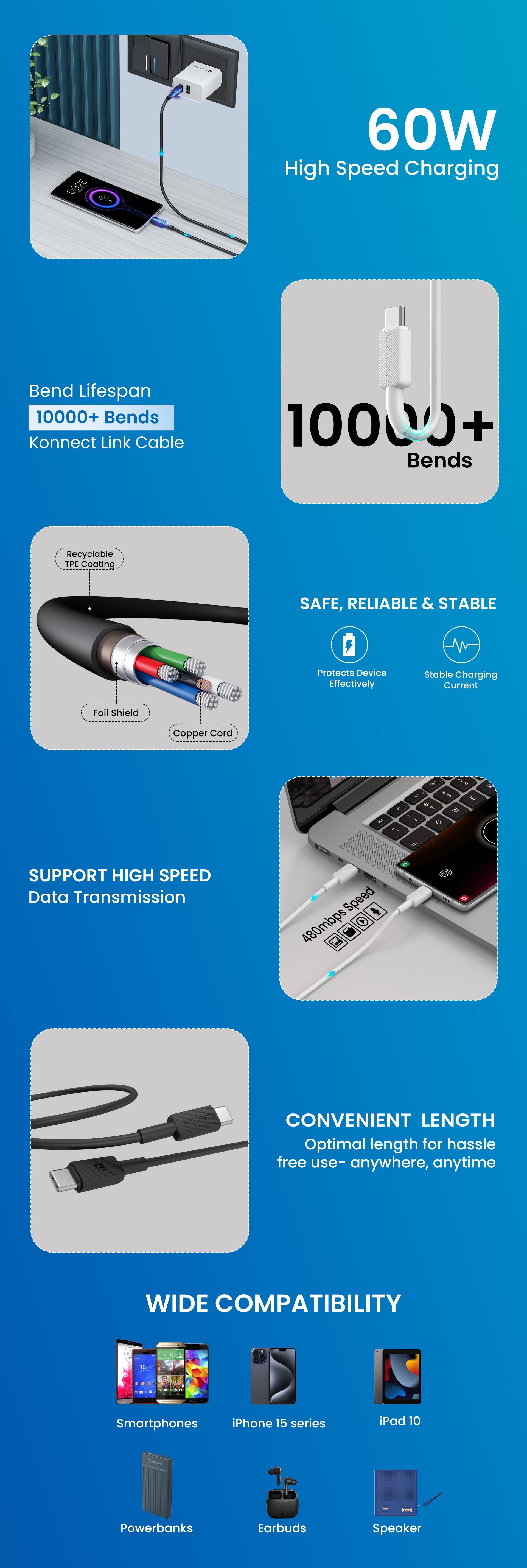 Portronics Konnect Link C Square 60W fast Charging cable| 60W Charging Cable| Type-C to Type-C cable| pocket friendly type c cable