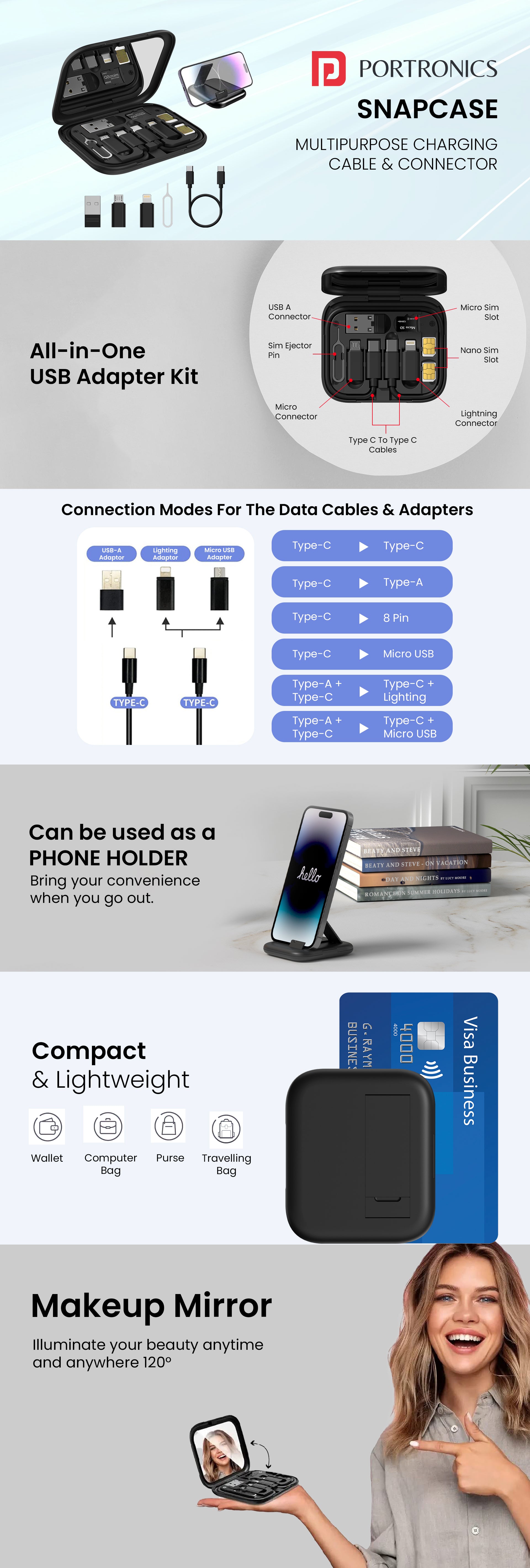 Portronics Snapcase | 60W Fast Charging | Compact Storage |Multiple Connectors | Portable Mirror 