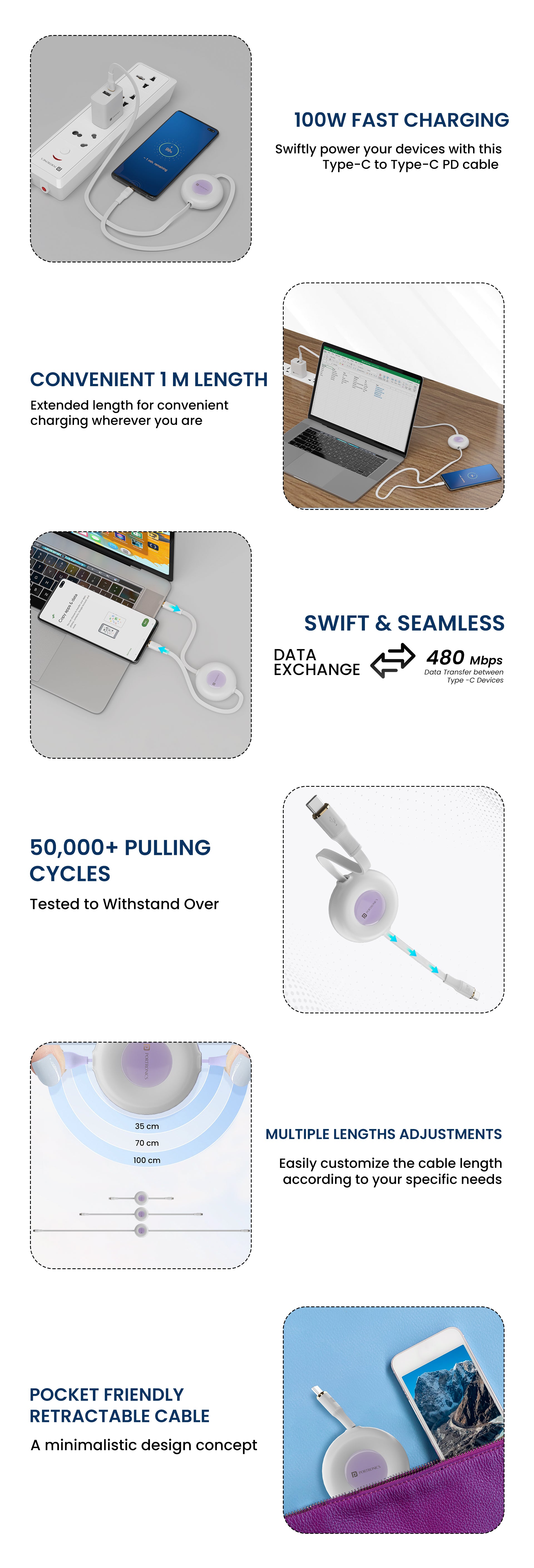 Portronics Konnect Recoil - 100W fast Charging cable| 100W Retractable Charging Cable| Type-C to Type-C cable|