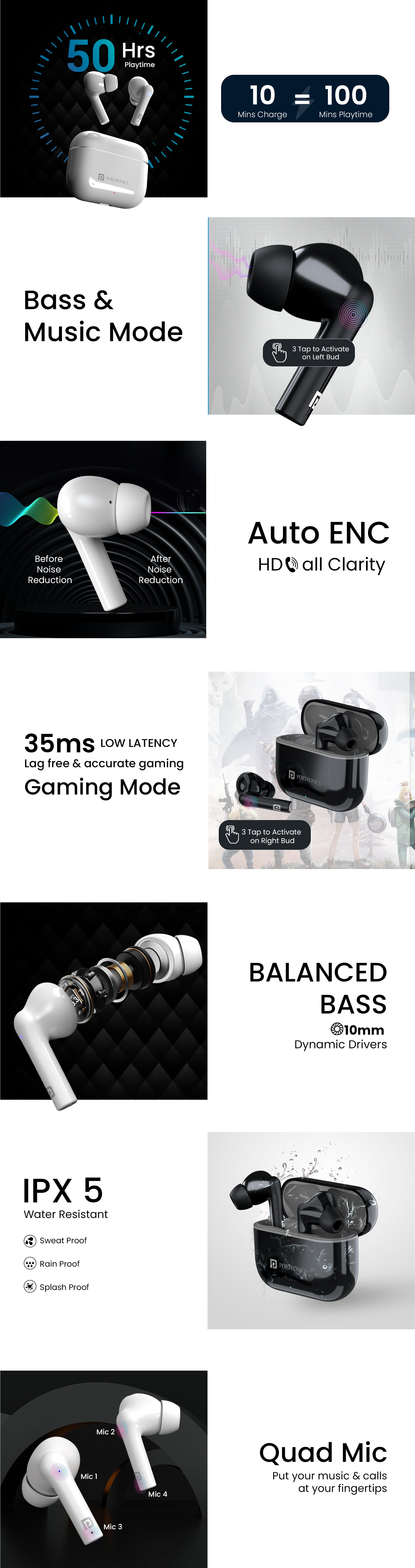 Portronics Harmonics Twins S6 TWS Bluetooth noise cancelling earbuds. Best bluetooth earbuds for iPhones, Samsung & Oneplus. Booming Bass | 35 hours of playtime. Buy Now!